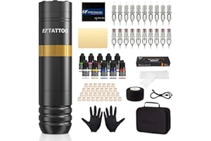 EZ TATTOO EZ Kit per Tatuaggi - Kit Macchina per Tatuaggi Completo di Penna Rotante per Tatuaggi, Alimentazione a Batteria 1500mAh, 20Pz Aghi per Tatuaggio Assortiti per Gli Artisti del Tatuaggio (Caster Oro)