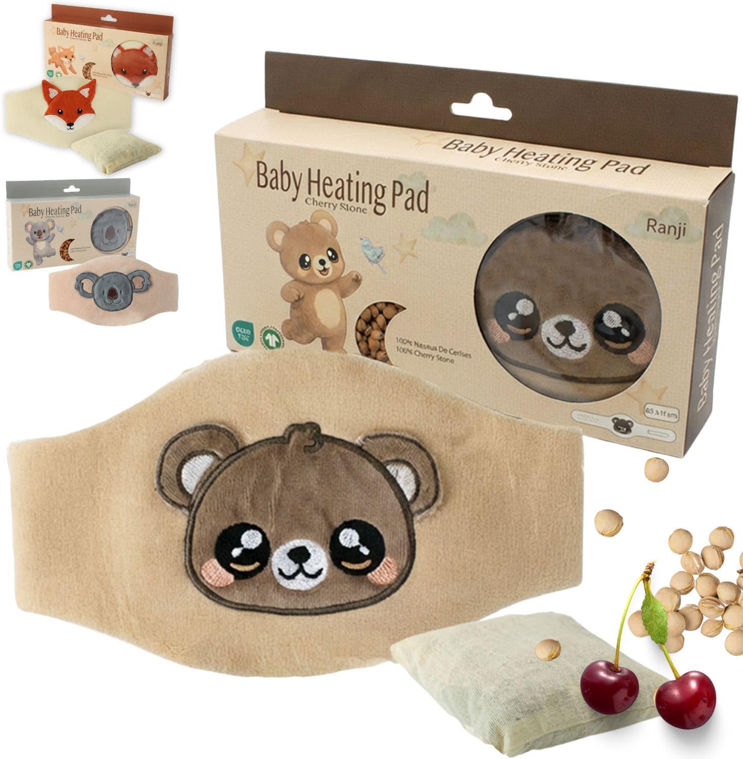 RANJI - Cinturón Anticólicos Bebé con Huesos de Cereza – Saquito de Semillas para Cólicos Bebé Recién Nacido, Algodón Orgánico GOTS & Certificación OEKO-TEX, Apto Microondas (Osito)