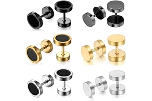 Cupimatch Uomo Orecchini Manubrio Cerchio Rotondi Acciaio Inossidabile Hip Hop Nero Oro Argento(6 Coppie)