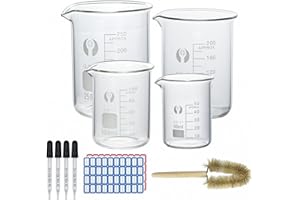 Reyshin 50ml 100ml 200ml 250ml Glass Beaker Set,4 Pack Measuring beakers with 4 Glass droppers, 1 Clean Brush,2 Stickers for lab Science Experiment Kitchen (50ml+100ml+200ml+250ml)