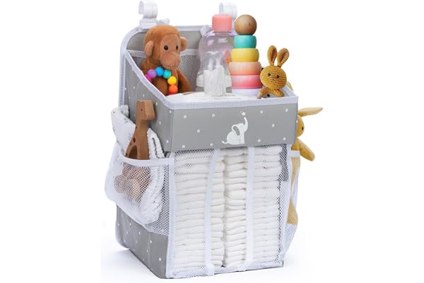 Cradle Star Corbeille Pour Table à Langer à Suspendre - Organisateur Pour Nécessaire à Bébé - Rangement Couches avec Plusieurs Poches - 43 x 23 x 23 cm - Gris