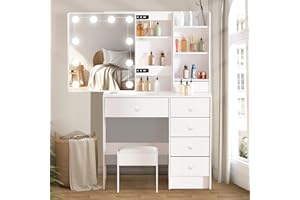 Aovquof Toaletka z podświetlanym lustrem i taboretem, biała, nowoczesna toaletka do sypialni