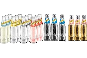 KROMBACHER Schweppes Mix Lot de 18 flacons de 200 ml en verre contenant de l'acide carbonique (mélange de 6 variétés de 3 bouteilles) Mérian Tonic, Dry Tonic, Herbal Tonic, Russian Wildberry, White Peach Inc