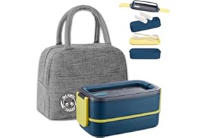 Haoh Lunch Box Kit, 1400ml 2 Strati Ermetica Porta Pranzo da Ufficio con Posate e Borsa Termica Porta Pranzo, Bento Box Microonde per Picnic Scuola Uffici Adulto (Blu Scuro)