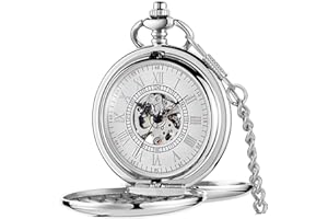 TIONG Double Hunter Mechanische Taschenuhr mit Kette, doppelte offene Handaufzug, stilvolle glatte Stahlgehäuse, Uhren und Geschenkbox