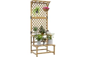 Outsunny Soporte para Plantas de Madera Estantería para Plantas de 2 Niveles Soporte para Macetas Exterior con Enrejado para Jardín Patio Terraza 60x50x166 cm Natural