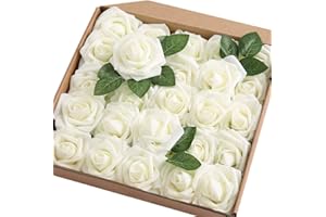 Ancokig Lot de 25 Roses artificielles en Mousse au Toucher réaliste pour décoration de Mariage, Demoiselle d'honneur, Bouquets de Table, décoration de fête, décoration de Maison (Blanc Laiteux)