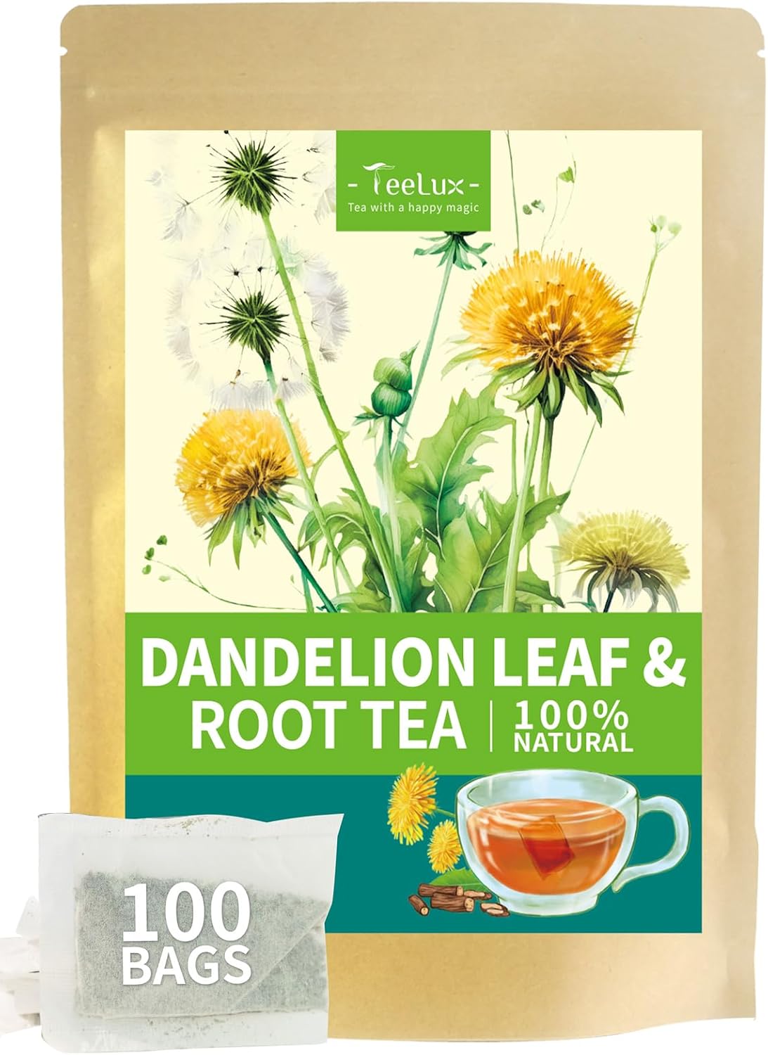 TeeLux Dandelion Leaf & Root Tea Bags 100 Count, Vegan, Rich Flavor, Premium Dandelion Tea, Natural Caffeine Free Herbal Tea