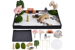 WEBEEDY Zen Garden Kit for Desk,Mini Japanese Desktop Sandbox Include Rakes,Artificial Tree,Pagoda,Bridge for Office Home Desktop Relaxation Decor,21x15.7cm Rectangular Tray