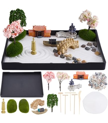 Kit Jardin Zen Miniature Pour Bureau - Bac à Sable Japonais Avec Accessoires 21x15.7cm