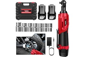 Huini 12V Cordless Ratchet Wrench, 3/8" Electric Ratchet Wrench Kit 40N.m, 300 RPM,Impact Drive Ratchet Rattle Nut Gun with 2 x Lithium-Ion 1.5Ah Battery and Fast Charge,7 PCS Sockets,Red/Black