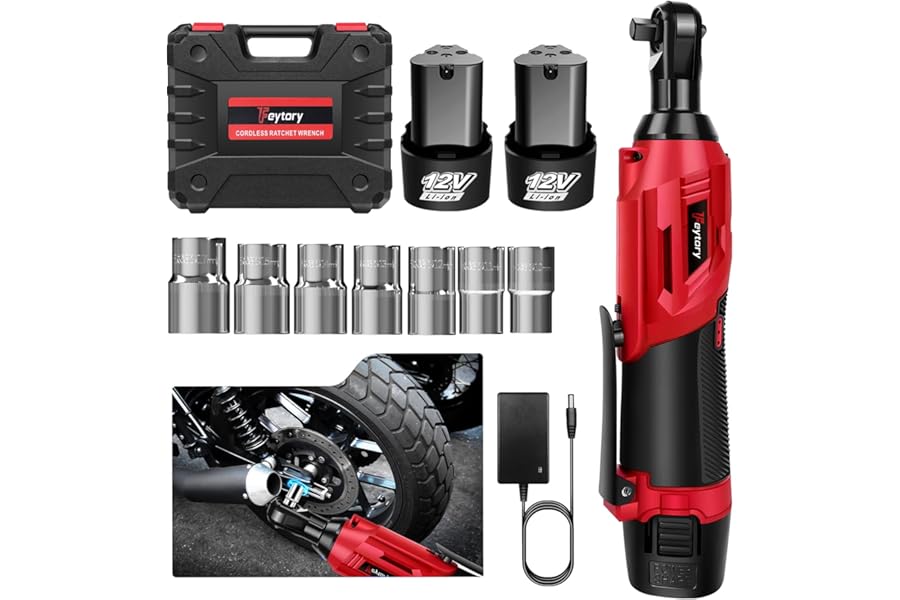 Huini 12V Cordless Ratchet Wrench, 3/8" Electric Ratchet Wrench Kit 40N.m, 300 RPM,Impact Drive Ratchet Rattle Nut Gun with 2 x Lithium-Ion 1.5Ah Battery and Fast Charge,7 PCS Sockets,Red/Black