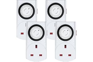 G-Homa Mechanical Timer Plug Socket UK, 24 Hour Programmable Energy Saving Plug-in Indoor Timer Plug Switch for Lights, Lamps and Home Appliances, Daily On/Off Cycle, CE Listed (4 Pack)