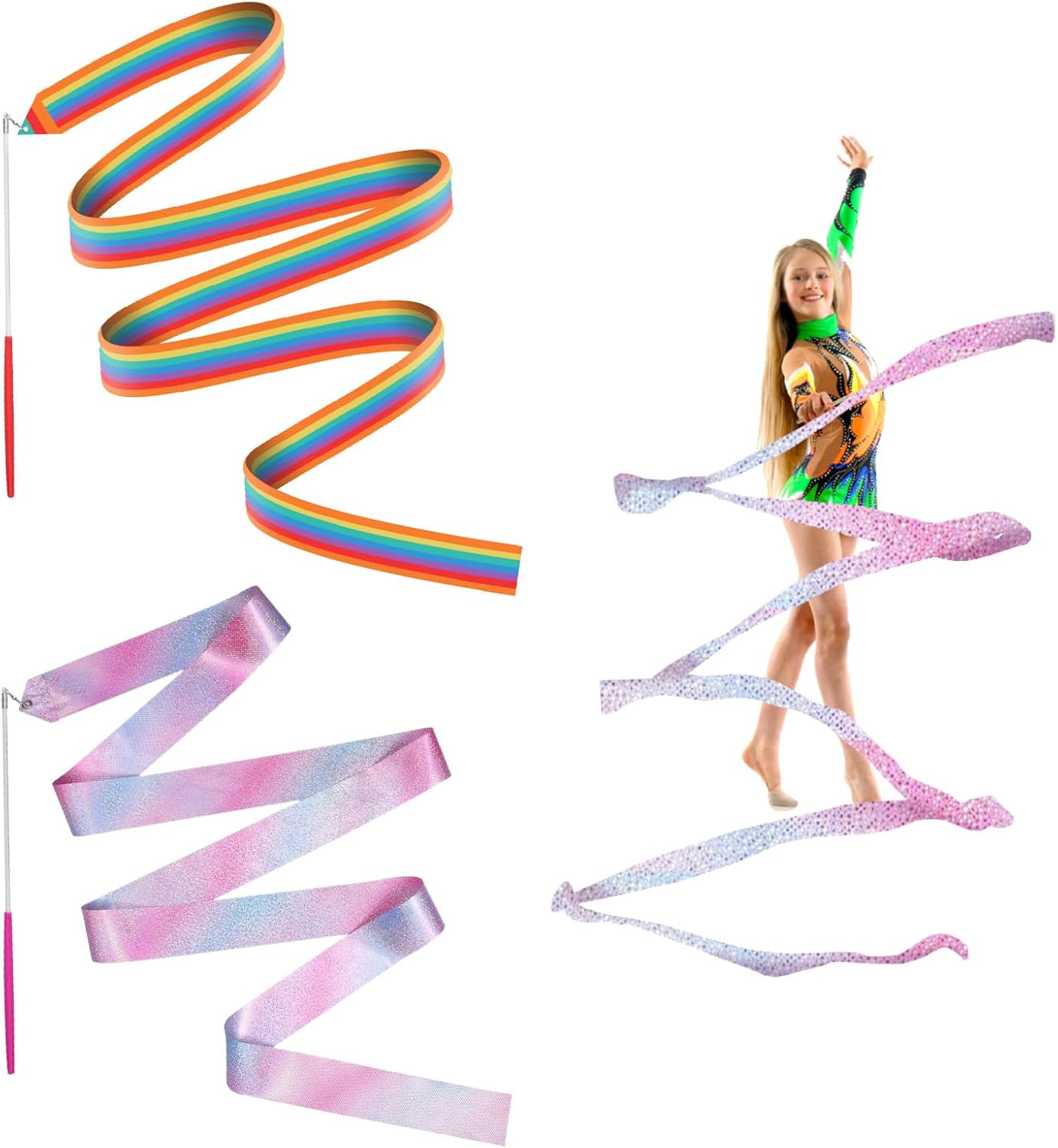 JINSIHU 2 Piezas Cintas de Baile, 4M Cintas de Danza Cinta de Gimnasia Cinta Gimnasia Rítmica Niña Cintas de Ballet para Gimnasia de Baile Artístico Ballet Espectáculos de Carnaval de Circo Bastón