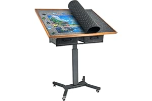 FATIVO Stół do puzzli, 1500 elementów, z regulacją wysokości na kółkach, 70 x 90 cm, z 2 szufladami z materiału, mobilna deska puzzli 74-98 cm, dla dorosłych, regulowany kąt, kolor czarny, brązowy