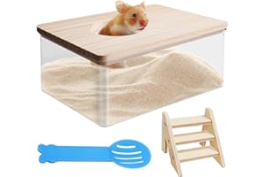 Behogan Baño de hámster, baño de arena transparente para hámsters, baño de arena para hámsters con escalera y pala, escalera de hámster, baño de arena para hámsters o mascotas pequeñas (cuadrado)