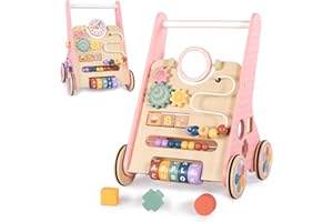 Bautia Wooden Baby Walker for 6–12 Months, Push Along Walker Toy for 1 Year olds Boys Girls Gifts, 10-in-1 Baby Activity Centre with Shapes & Beads Game