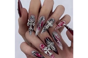 ANGWIS 24pcs Long Stiletto False Nails Dark Red Black Stick on Nails Silver Cross Press on Nails Removable Glue on Nails Full Cover Gothic Fake Nails Women Bridal Nail Art Accessories