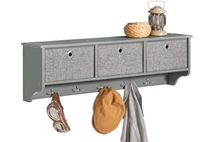 SoBuy FRG282-HG ścienny wieszak na ubrania, regał ścienny z 3 koszami i 5 haczykami, wieszak na ubrania, montowany na ścianie, organizer do przedpokoju, szafka do przechowywania płaszczy, toreb