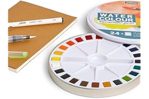 PEBEO - Set 24 Demi Godets Aquarelle + Accessoires + Carnet Papier + Pinceau Réservoir + Feutre Noir - Kit Aquarelle pour Artiste et Débutant - Couleurs Lumineuses