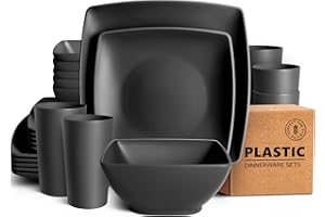 Teivio 24-Piece Kitchen Reusable Plastic Square Dinner Set, Service for 6, Dinner Plate, Dessert Plate, Cereal Bowl, 20 oz Cup, Unbreakable Plastic Plates and Bowls Set, Outdoor Camping Dishes, Black