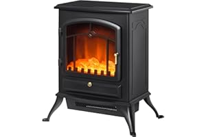 HOMCOM Camino Elettrico da Terra con Effetto Fiamma, Caminetto Elettrico 1000W /2000W con Protezione da Surriscaldamento e Termostato, in ABS e Vetro, 45x28x54cm, Nero
