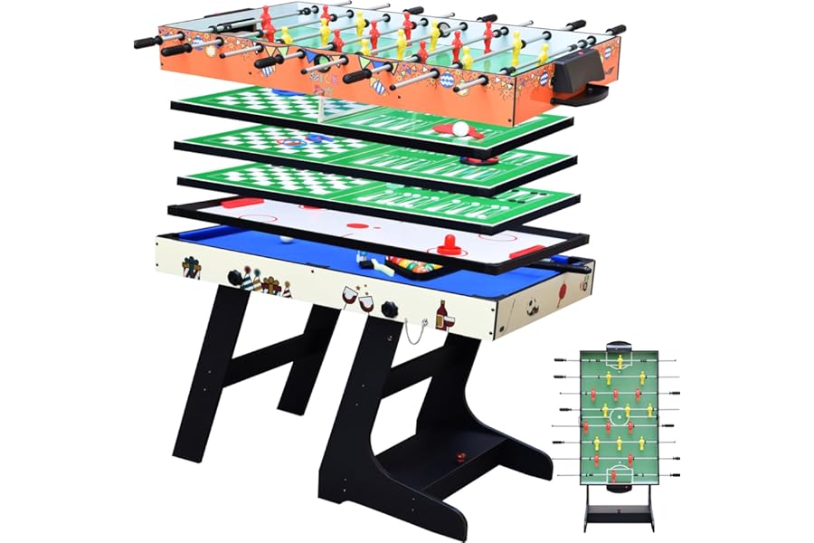 DRM 4FT 8 in 1 Folding Games Table, Billiards Table, Pool/Snooker Table,Hockey Table,Table Tennis Table,Football Table,Checkers,Backgammon,Chess,Playing Card with Parts Storage Box