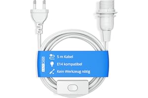 ‎EAZY CASE EAZY CASE E14 Lampenfassung mit 5 m Kabel, Schalter, Schraubring für Lampenschirm und Netzstecker - ideale Lampenaufhängung für Hängeleuchten, Pendelleuchten, DIY Lampe, Weiß