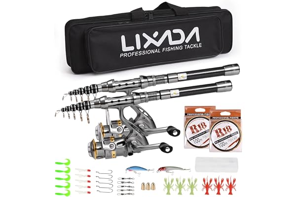 Lixada Lot de 2 Cannes à pêche 1,5/1,8/2,1/2,4 m, Moulinet télescopique en Fibre de Carbone, moulinets de pêche avec hameçons, leurres Souples, Baril émerillons, Sac de Rangement