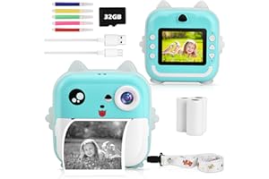 EVOLOO Instant Camera for Kids, 1080P HD Screen Kids Digital Camera,Print Camera with No Ink Print Paper & 32G TF Card,KIds Camera with 3 Rolls of Printing Paper and 5 Colored Pens Kids