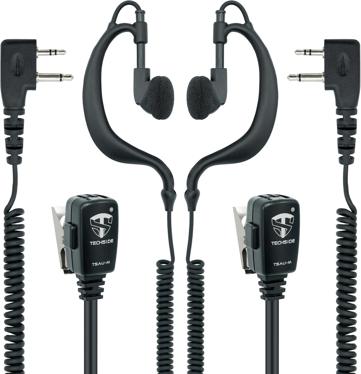 TechSide Micrófono Auricular Envolvente y Doble Cable en Espiral 2 Pin Midland | Radio Transmisora | Compatible con G7 Pro G8 G9 Pro M48 M99 XT30 XT50 XT70 | Vigilancia Seguridad Softair (2 Unidades)