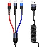 USAMS Multi USB Kabel, 3 in 1 Handy Ladekabel Auto 60cm ziehen bis 1.5M, Phone+USB C+Micro USB Dreifach Universal für Samsung