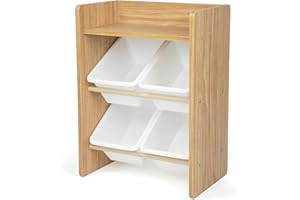 Humble Crew Journey Small Wooden ToyShelf Storage Organiser for Children, with 4 BPA Free Plastic Removeable Storage Bins, Ideal for Storing Toys, Games, Books and Craft Supplies - Natural Wood/White