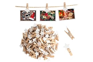 CUWELT 200pcs Mini Wooden Star Pegs, 3.5CM White Photo Star Clips with 30 Meters Jute Twine for Decorative Photo Paper Wall DIY, Paper Clips Natural Star Pegs for Christmas Arts Crafts Wedding Party