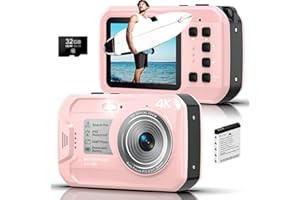 Yixinxin Caméra sous-marine 4K UHD, 64 MP autofocus numérique étanche avec carte de 32 Go, IP68 & 16FT Caméra sous-marine avec écrans IPS HD, zoom numérique flottant 16x, pour la plongée en apnée Rose