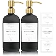 Vine Creations Black Glass Soap Dispenser, 2 Pack Kitchen Soap Dispenser Set with Stainless Steel Pump, 16 oz Hand Soap Dispenser Bathroom, Dish Soap Dispenser for Kitchen with Waterproof Labels