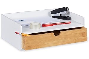 Relaxdays Schreibtisch Organizer, 1 Schublade, DIN A4 Ablage, Bambus, HxBxT: 11 x 32 x 22 cm, Büroorganizer, weiß/Natur