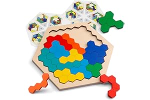 Coogam Puzzle di Legno Esagonale - Blocco di Forma Tangram Rompicapo Giocattolo Geometria Logica IQ Gioco STEM Montessori Regalo educativo per Tutte Le età Sfida