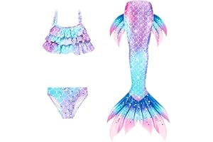 ROLAQDK 3-Piece Set Princess Skirt for Swimming for Kids with Ocean Sparkle Fancy Dress Costumes, Children's Ocean Girls Bikini Set Swimming Swimsuit, Aquatic Shiny Costume for Girls 4-13 Years