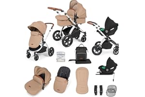 Ickle Bubba Stomp Luxe 12pc Travel System with i-Size Cirrus Car Seat & ISOFIX Base – All-Terrain Pram, Reversible Seat, Carrycot, UPF 50+ Hood, Rain Cover & Accessories (Silver/Desert/Tan)