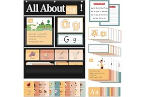 BOHEMIABY 34" X 27"All About Letters Pocket Chart with 99 Abc Flash Cards, Letter Of the Day/Week Daypocket Chart, Letter Tracing Learning Educational Wall Chart Preschool Classroom Homes, Black