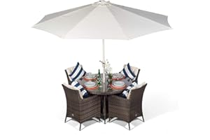 GIARDINO Savannah Rattan Dining Set | Luxury Round 4 Seater Brown Rattan Dining Set | Outdoor Poly Rattan Garden Table & Chairs Set | Patio Conservatory Wicker Garden Dining Furniture with Parasol & Cover