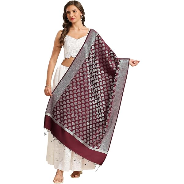 DUPATTA BAZAAR Sciarpa Seta Banarasi - Ricamo Zari, Design Floreale, Rosa/Viola
