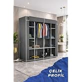 Reyo Teknor Metal &Ccedil;ift Askılı Bez Dolap Gri 155x160x45 cm &ndash; Geniş Hacimli Portatif Gardırop, Raflı Kumaş Dolap, Fermuarlı Elb
