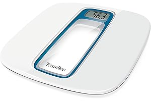TERRAILLON - WINDOW- Pèse personne électronique, Design Terraillon, Grand écran LCD, Plateau Verre et Plastique, Capacité 160kg, Graduation 100 g - Blanc et Bleu