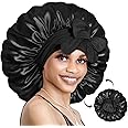 BONNET QUEEN Large Silk Bonnet for Sleeping Satin Bonnet Big Hair Bonnet Jumbo Braid Bonnet Double Layer Tie Bonnets Night Hair Wrap for Women Curly Hair Black