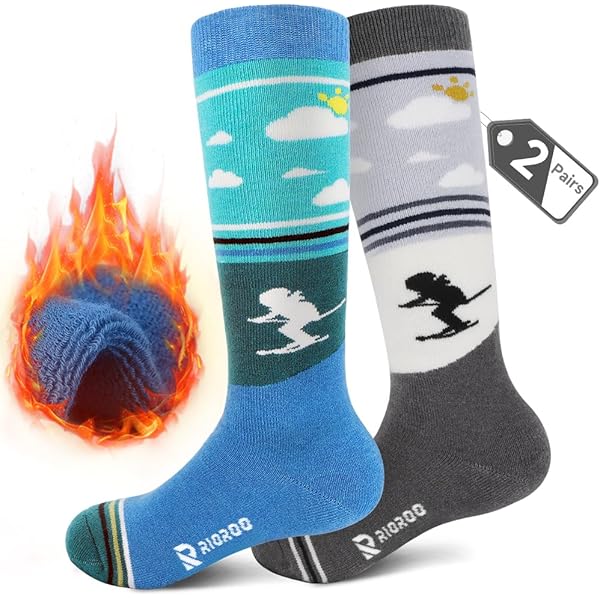 ARERWA Kids Ski Socks Thermal Knee High Premium- Soft, Durable, And Warm Snowboard Socks For Boys And Girls (3-12 Years) 2 Pairs, Dark Blue Light Gray, 7-12 Years - View #4