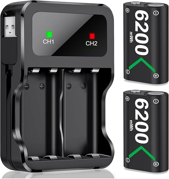 HELLCOOL Rechargeable Battery Pack for Xbox One/Series X|S Controller, 2x6200mWh High Capacity Battery Pack with Charger/LED Indicator/25H Playtime, Compatible with Xbox One/S/X/Elite, Series S/X - 1