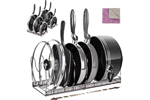 Myiosus Porta Coperchi Pentole Salvaspazio, Porta Padelle Allungabile con 7 Scomparti Regolabili, Porta Tegami da Cassetto, per la Dispensa, per Padelle, Coperchi, Pentole e Piatti - con 1 Panno