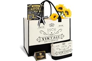 AMOSKING 50th Birthday Gifts for Women Canvas Tote Bag Travel Gear, Unique 50 Years Old Birthday Gifts for Mum Wife Aunt Friends Her, Vintage 1976 Handbag & Cosmetic Bag & Back in 1976 Poster